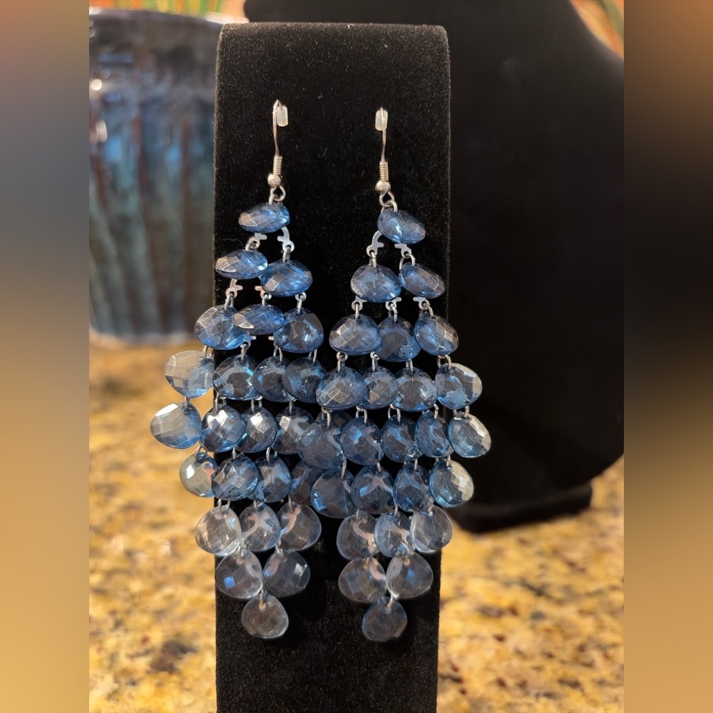 Blue Faceted Chandelier Earrings 5”